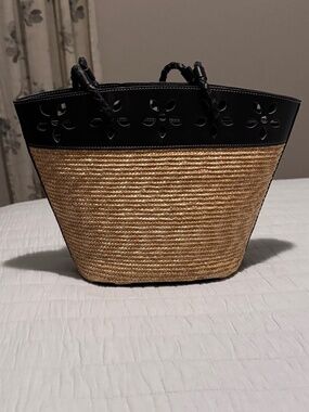 Preston & York Straw Bag Leather Cutout Trim Green Lining